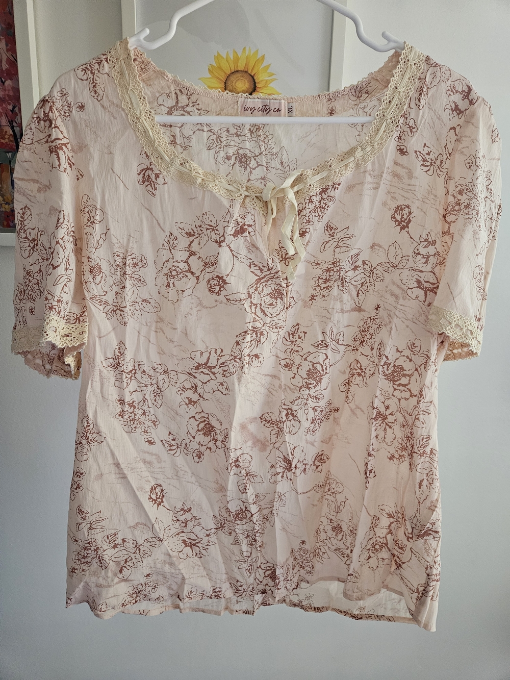 Ivy City Co Cream Pink Floral Lace-Trim Blouse